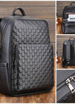 Чоловічий шкіряний якісний великий чорний рюкзак із тисненням