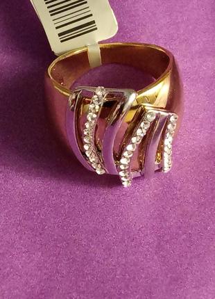 Массивное широкое кольцо 19 размер с золотым покрытием и фианитами италия1 фото
