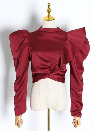 Трендовая блуза цвет марсала, рукава буфы в винтажном стиле.1 фото