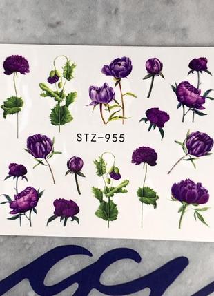 Наклейки на нігті декор для нігтів манікюру водні слайдери наліпки з квітами квіточками піони фіолетові1 фото
