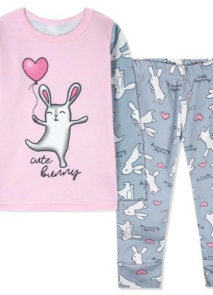 Пижама для девочки, серо-розовая. зайчик с воздушным шариком.