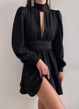 Платье вечернее женское с длинным рукавом и горлышком черное 42/44