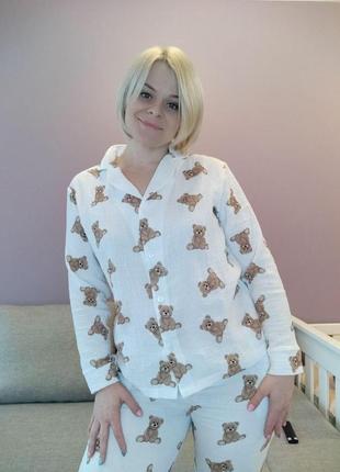 Жіноча муслінова піжама рожеві ведмедики cosy штани+сорочка білий
