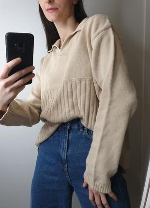 100% хлопковый винтажный свитер оверсайз винтаж с воротником вязаный удлиненный нюдовый3 фото