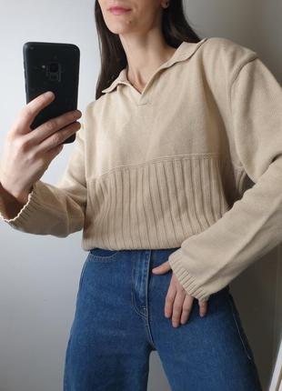 100% хлопковый винтажный свитер оверсайз винтаж с воротником вязаный удлиненный нюдовый2 фото