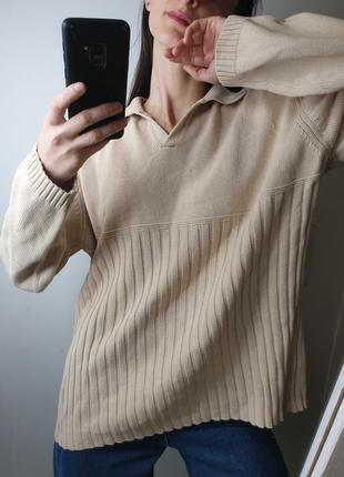 100% хлопковый винтажный свитер оверсайз винтаж с воротником вязаный удлиненный нюдовый6 фото