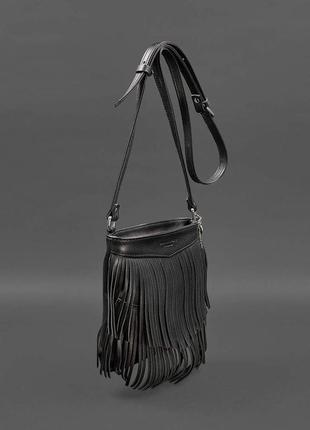 Сумка кожаная женская кросс-боди с бахромой черная краст fleco2 фото