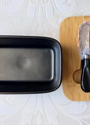 Масленка черная керамическая с ножом butter6 фото