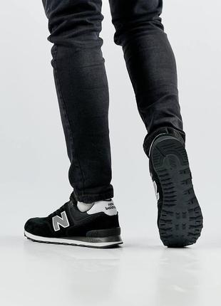 Мужские кроссовки new balance 574 black white gray reflective, мужские кеды нью беленс черные. мужская обувь4 фото