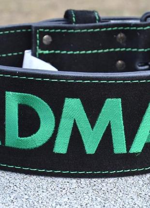 Пояс для важкої атлетики madmax mfb-301 suede single prong шкіряний black/green m3 фото