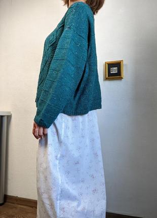 Вязаный кардиган зеленый объемный шерсть ажурный синий9 фото