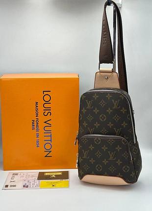 Мужская кожаная сумка через плечо louis vuitton коричневая с черным ременем
