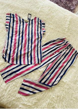 Костюм брючный пижамный стиль полоска летнего свободного кроя