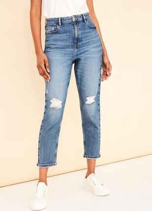 Плотные синие джинсы с потертостью mom hight waist f&f 36/34 xs-s