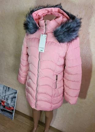 Дуже гарна пудрова подовжена куртка, пуховик, пальто рожеве9 фото