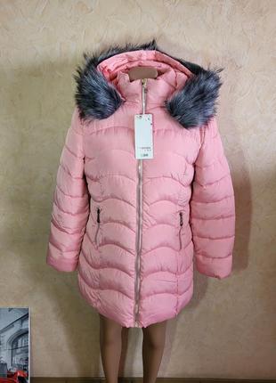 Дуже гарна пудрова подовжена куртка, пуховик, пальто рожеве10 фото