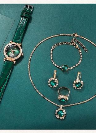 Розкішний комплект з 5 шт., жіночий годинник, намисто, браслет, сережки, колечко.6 фото