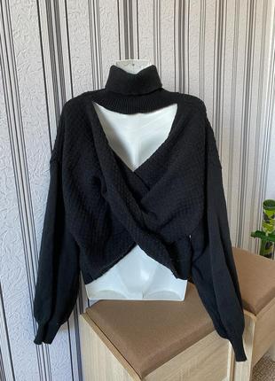 Стильный вязаный свитер оверсайз, черный свитер открытая спинка2 фото