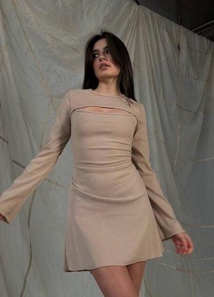 Женское элегантное, трендовое платье на завязках, рубчик беж мокко7 фото