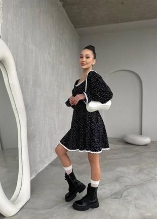 Женское базовое стильное легкое черное платье меди в мелкий горошек с длинным рукавом 2024 года.5 фото