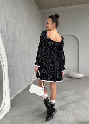 Женское базовое стильное легкое черное платье меди в мелкий горошек с длинным рукавом 2024 года.6 фото
