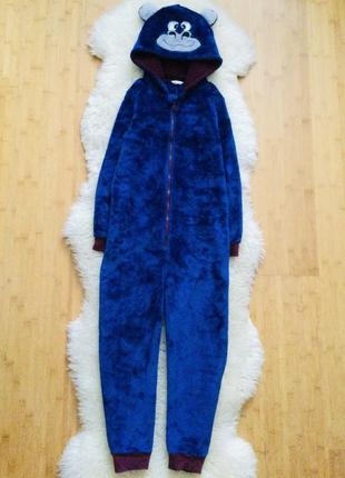 9-10 лет, рост 140 disney велюровый ярко - синий кигуруми, пижама с ушками на капюшоне. супер