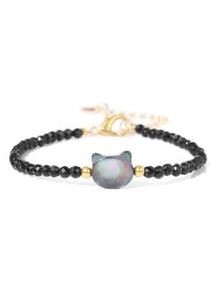 😺браслет зі шпинелі з перламутровим котиком 2 кольори: чорний, синій