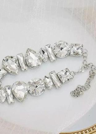 Женское колье ожерелье с крупными прозрачными камнями без бренду серебристое5 фото
