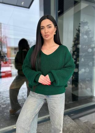Женский свитер оверсайз 70% шерсть зеленого цвета 💚3 фото