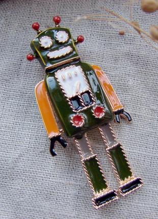 Необычная брошь робот брошка в виде винтажного робота цвет хаки охра