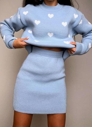 Костюм женский вязаный (юбка короткая мини+кофточка) s/m/l голубой, 50% шерсть, 50% акрил5 фото