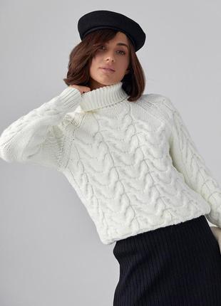 Женский свитер из крупной вязки в косичку - молочный цвет, s (есть размеры)5 фото