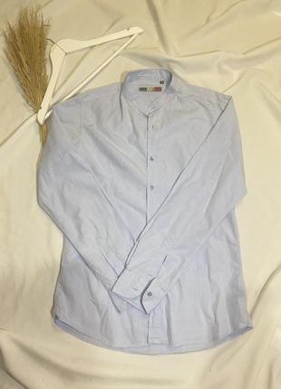 Голубая рубашка со стойкой воротничком, рубашка со стойкой воротником5 фото