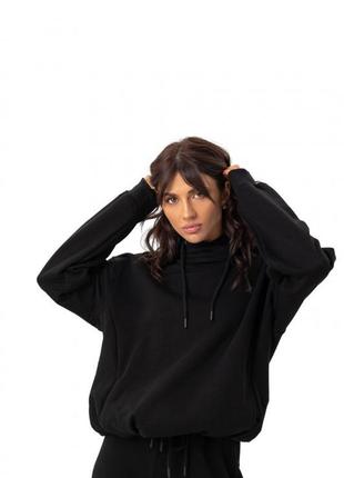 Худи женское удлиненное хлопковое из турецкой ткани с капюшоном, спортивная кофта, черное4 фото