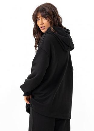 Худи женское удлиненное хлопковое из турецкой ткани с капюшоном, спортивная кофта, черное6 фото