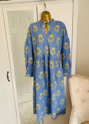 Классное натуральное платье вышиванка zara голубое с желтым, колоски6 фото
