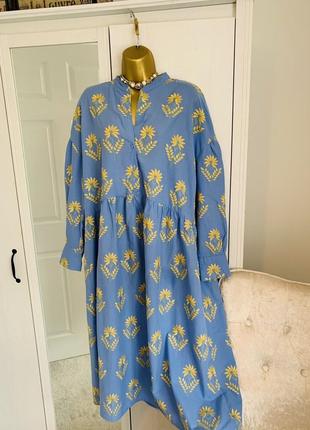 Классное натуральное платье вышиванка zara голубое с желтым, колоски8 фото