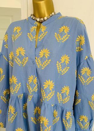 Классное натуральное платье вышиванка zara голубое с желтым, колоски2 фото