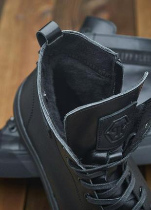 Зимние мужские кожаные ботинки philipp plein, высокие кеды на меху8 фото
