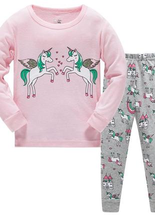 Пижама для девочки, розовая. единороги и замок.