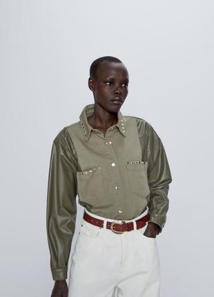 Стильная рубашка жакет от zara актуальный хаки, с кож вставками