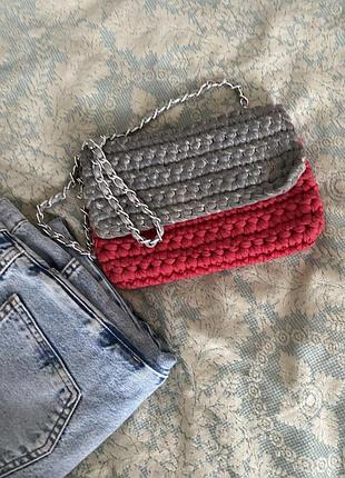 Hand made стильная вязаная сумочка через плечо кроссбоди красная серая