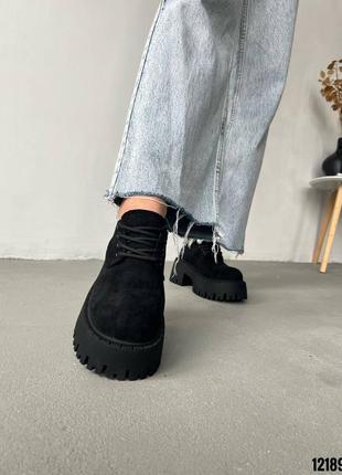 Черные замшевые туфли оксфорды на шнурках шнуровке высокой подошве платформе9 фото