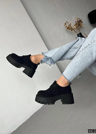 Черные замшевые туфли оксфорды на шнурках шнуровке высокой подошве платформе10 фото