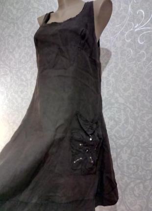 Качественное льняное платье-сарафан с апликацией5 фото