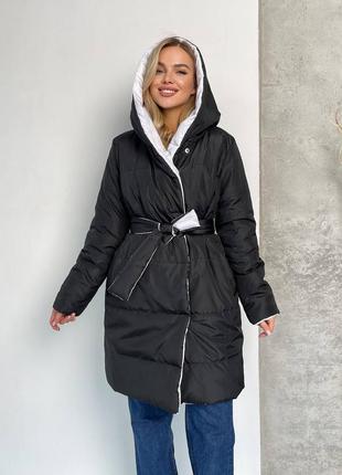 Тёплая двусторонняя курточка пальто чёрная белая бежевая коричневая молочная удлинённая стёганая с поясом зимняя осенняя весенняя парка7 фото