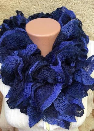 Шикарный ажурный узкий шарфик в стиле боа / жемчужный ажурный шарф синий с голубым2 фото
