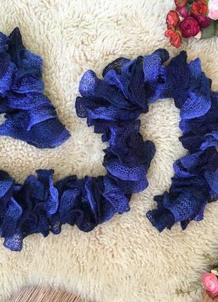 Шикарный ажурный узкий шарфик в стиле боа / жемчужный ажурный шарф синий с голубым4 фото
