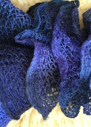 Шикарный ажурный узкий шарфик в стиле боа / жемчужный ажурный шарф синий с голубым7 фото