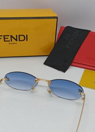 Очки в стиле fendi женские солнцезащитные узкие безоправные овальные синий градиент с золотым металлом8 фото